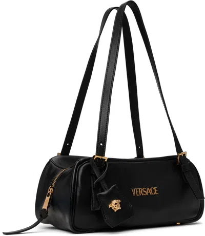 Versace Tag Bowling Black Shoulder Bag With Metallic Logo Lettering And Medusa Head Pendant In Leather Woman