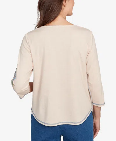 Alfred Dunner Petite El Paso Asymmetrical Floral Embroidered Top In White