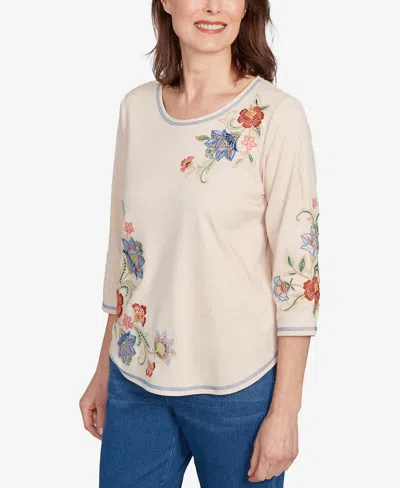 Alfred Dunner Petite El Paso Asymmetrical Floral Embroidered Top In White