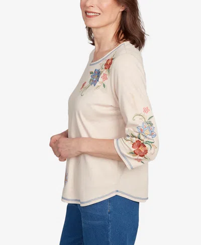 Alfred Dunner Petite El Paso Asymmetrical Floral Embroidered Top In White