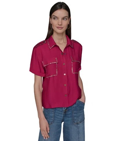 Karl Lagerfeld Womens Studded Short Sleeve Shirt Xs P Xl In Pink