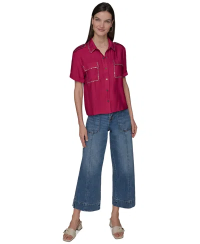 Karl Lagerfeld Womens Studded Short Sleeve Shirt Xs P Xl In Pink