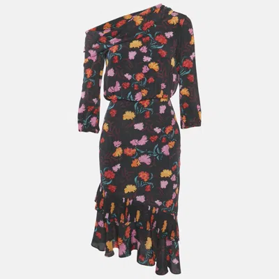 Pre-owned Saloni Silk Ruffled Asymmetric Midi Dress S In Black