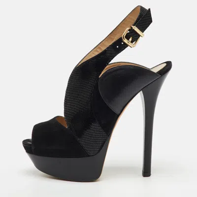 Pre-owned Fendi Black Suede And Leather Peep Toe Platform Slingback Pumps Size 39.5