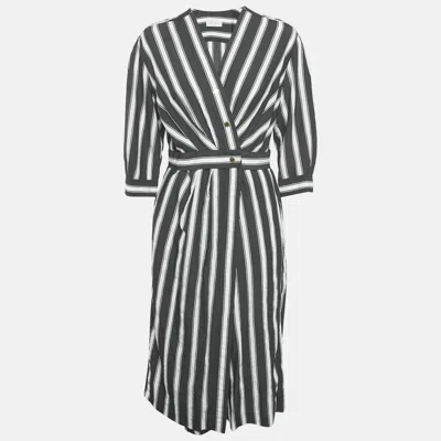 Pre-owned Sandro Black/white Stripe Viscose Wrap Midi Dress M