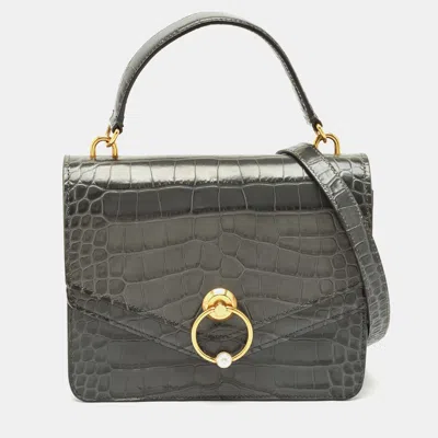 Pre-owned Mulberry Grey Croc Embossed Leather Medium Harlow Top Handle Bag In Gray