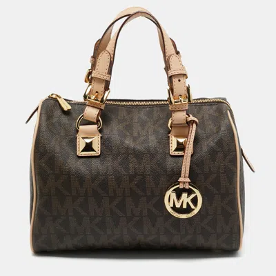 Pre-owned Michael Michael Kors Brown/beige Signature Coated Canvas And Leather Grayson Boston Bag