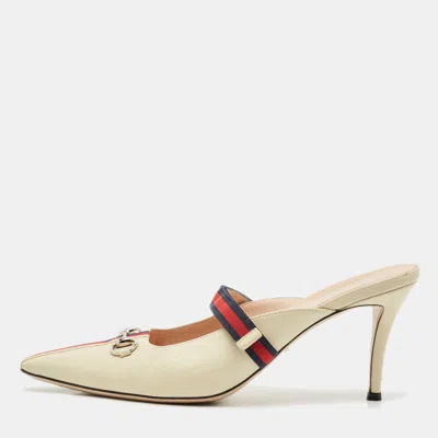 Pre-owned Gucci Cream/red Leather Emma Web Strap Horsebit Mules Size 40.5