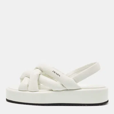 Pre-owned Prada White Leather Padded Strappy Platform Slingback Sandals Size 40