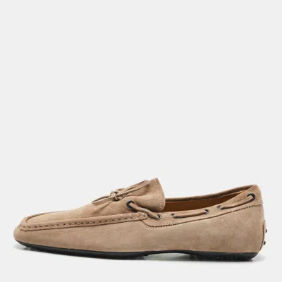 Pre-owned Tod's Light Brown Suede Bow Slip On Loafers Size 41.5