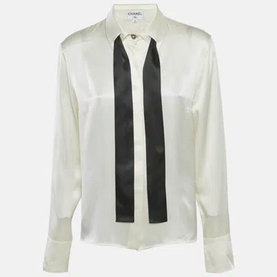 Pre-owned Chanel Ivory Satin Silk Tie-up Neck Detail Shirt L