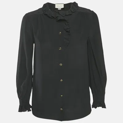 Pre-owned Gucci Black Silk Ruffled Long Sleeve Shirt M
