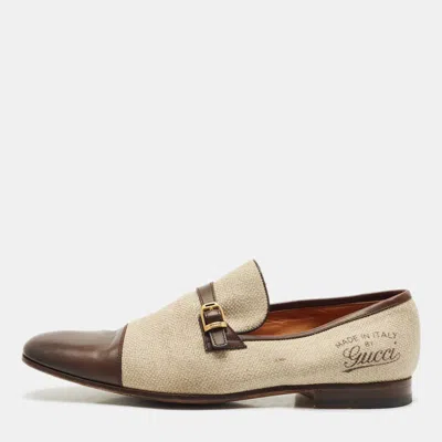 Pre-owned Gucci Beige/brown Canvas And Leather Gg Slip On Loafers Size 43