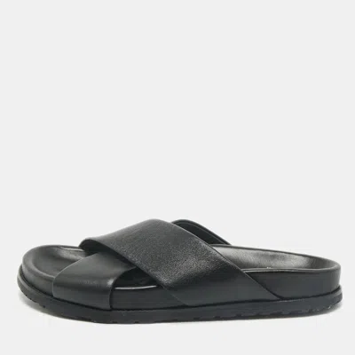 Pre-owned Saint Laurent Black Leather Crisscross Flat Slides Size 39