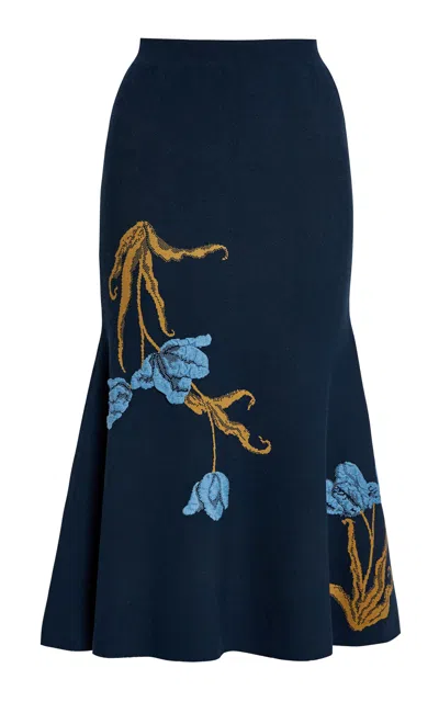 Erdem Embroidered A-line Midi Skirt In Blue