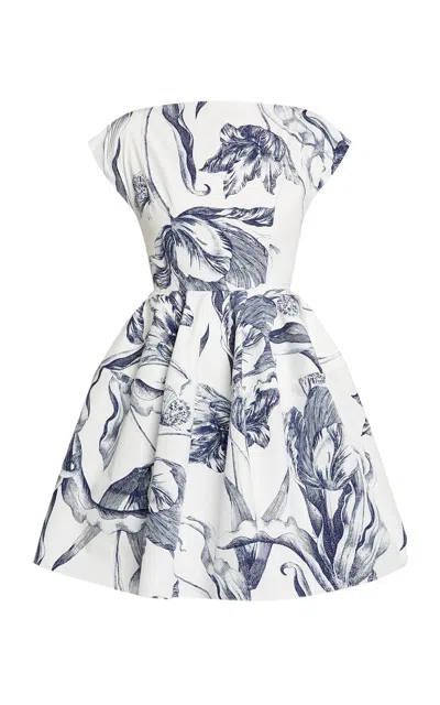 Erdem Pleated Floral-print Cotton-poplin Mini Dress In Blue