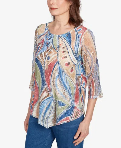 Alfred Dunner Petite El Paso Printed Leaf Textured Top With Necklace In Multi