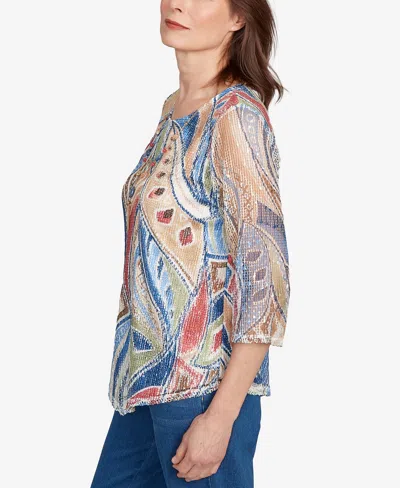 Alfred Dunner Petite El Paso Printed Leaf Textured Top With Necklace In Multi