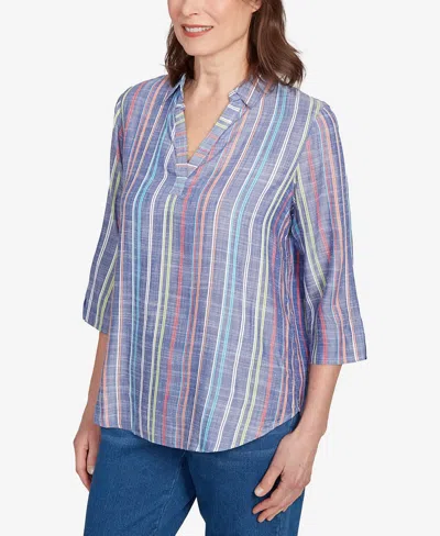 Alfred Dunner Petite El Paso Textured Multi Stripe Collared Top In Blue