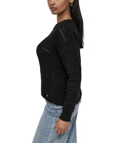 Dkny Jeans Petite Crewneck Open-stitch Cotton Sweater In Black