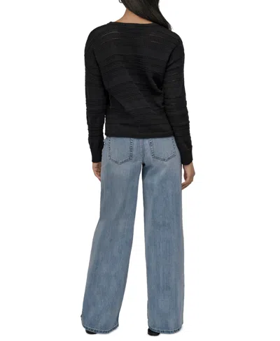 Dkny Jeans Petite Crewneck Open-stitch Cotton Sweater In Black