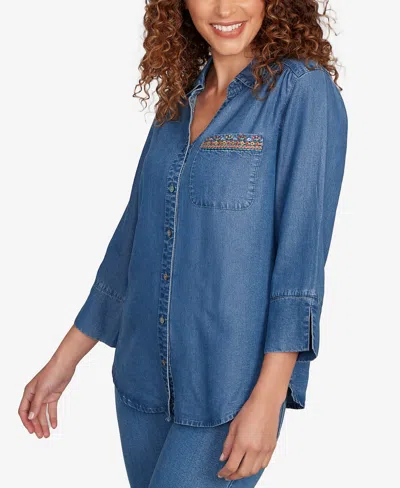 Alfred Dunner Petite El Paso Embroidered Butterfly Button Front Top In Blue