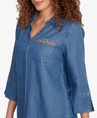 Alfred Dunner Petite El Paso Embroidered Butterfly Button Front Top In Blue