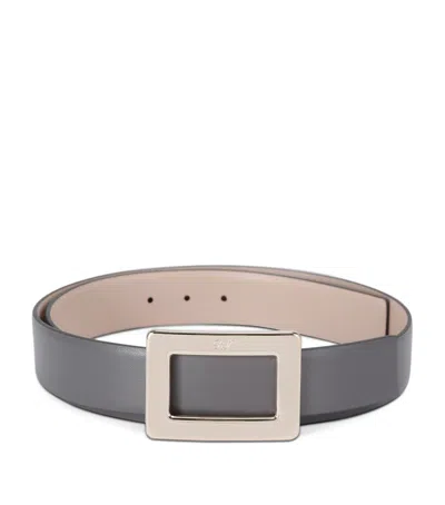 Roger Vivier Leather Reversible Belle Vivier Belt In Gray