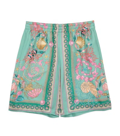 Versace Silk Underwater Barocco Shorts In Green