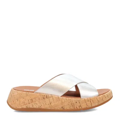 Fitflop F-mode Ft8-011 Cross Sandals Womens Silver Leather Cork Flatform Slip-on In Brown