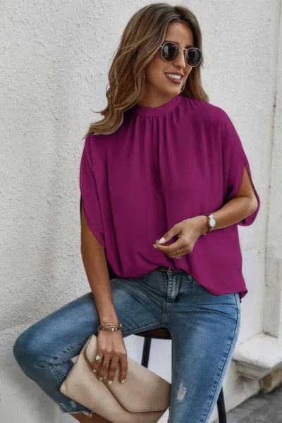 Fashnzfab Mock Neck Batwing Sleeve Solid Loose Blouse