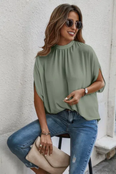 Fashnzfab Mock Neck Batwing Sleeve Solid Loose Blouse