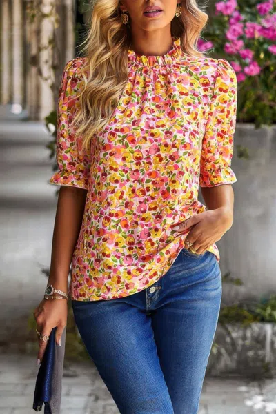 Fashnzfab Floral Ruffle Mock Neck Puff Short Sleeve Shirt