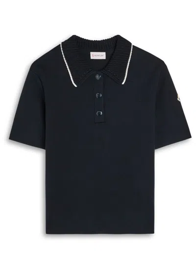Moncler Knit Collar Cotton Polo Shirt In Black