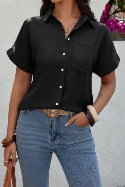 Fashnzfab Solid Short Sleeve V Neck Button Down Tunic Shirt