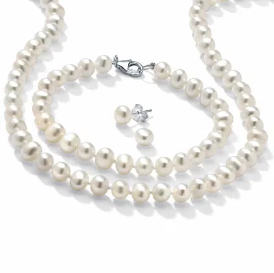 Palm Beach Jewelry 3 Piece Cultured Freshwater Pearl Necklace Bracelet And Earrings Set .925 Silver