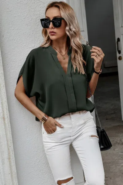 Fashnzfab Notched Neck Solid Loose Fit Half Sleeve Blouse