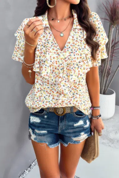 Fashnzfab Floral Printed Ruffle Sleeve V Neck Loose Blouse