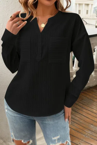 Fashnzfab Solid Buttons V Neck Elegant Front Pockets Blouse