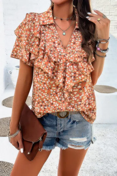 Fashnzfab Floral Printed Ruffle Sleeve V Neck Loose Blouse