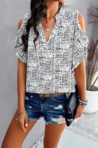 Fashnzfab Printed Mandarine Collar Cold Shoulder Loose Top
