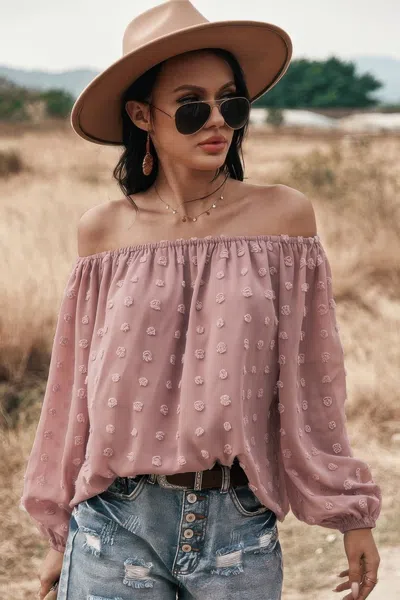 Fashnzfab Off Shoulder Swiss Dot Long Sleeve Loose Top
