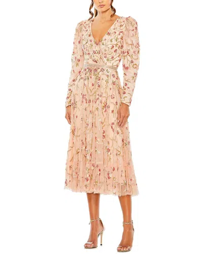 Mac Duggal Sequin Floral Long Sleeve Cocktail Midi Dress In Pink