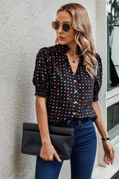 Fashnzfab Polka Dot Print Puff Sleeve Loose Shirt