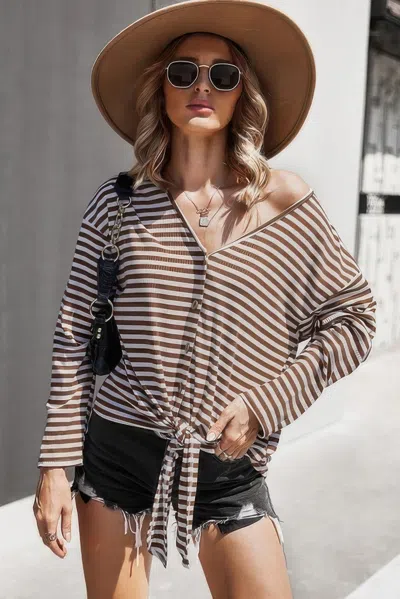 Fashnzfab V Neck Short Sleeve Striped Tunic Shirt