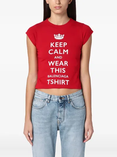 Balenciaga Mini Cropped Crew-neck T-shirt With Keep Calm Logo In Red