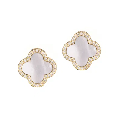 Adornia 14k Gold Plated Mother Of Pearl Halo Cz Clover Stud Earrings In Gold