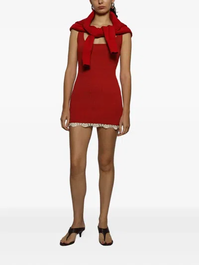 Magda Butrym Cotton Crochet-trimmed Ribbed-knit Mini Dress In Red