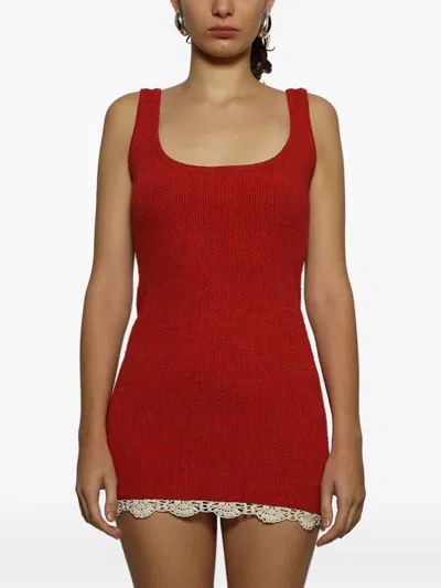 Magda Butrym Cotton Crochet-trimmed Ribbed-knit Mini Dress In Red