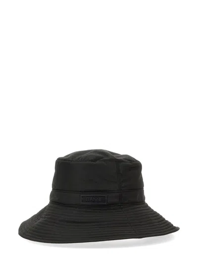 Ganni Recycled Tech Fabric Bucket Hat In Black